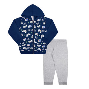 Conjunto bebê masculino jaqueta azul marinho video game com capuz e calça mescla (1/2/3) - Kappes - tamanho 3 - azul marinho,mescla
