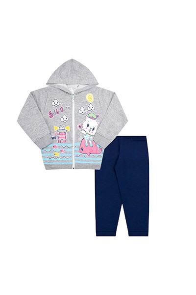 Conjunto Bebê Feminino Jaqueta Mescla Gata Marinheira com Capuz e Calça Marinho (P/M/G) - Kappes - Tamanho P - Mescla,Azul Marinho