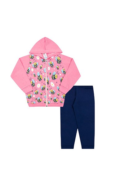 Conjunto Bebê Feminino Jaqueta Rosa Abelhas com Capuz e Calça Marinho (P/M/G) - Kappes - Tamanho P - Azul Marinho,Rosa