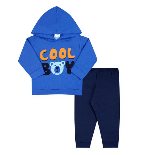 Conjunto Bebê Masculino Blusa Azul Royal com Capuz Ursinho e Calça (P/M/G/GG) - Orango Kids - Tamanho M - Azul Royal,Azul Marinho