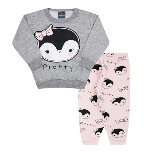 Conjunto Bebê Feminino Moletom Blusa Mescla Pinguim de Laço e Calça Rosa (P/M/G/1/2/3) - Viston - Tamanho M - Mescla,Rosa