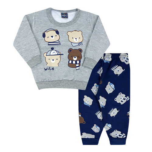 Conjunto Bebê Masculino Moletom Blusa Mescla Ursos e Calça Azul Marinho (P/M/G/1/2/3) - Viston - Tamanho M - Azul Marinho,Mescla