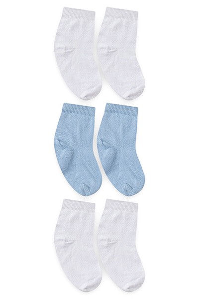 Kit Meia Bebê Masculino 3 Pares Liso Branco e Azul (16 a 19) - Winston - Tamanho 16-19 - Azul,Branco