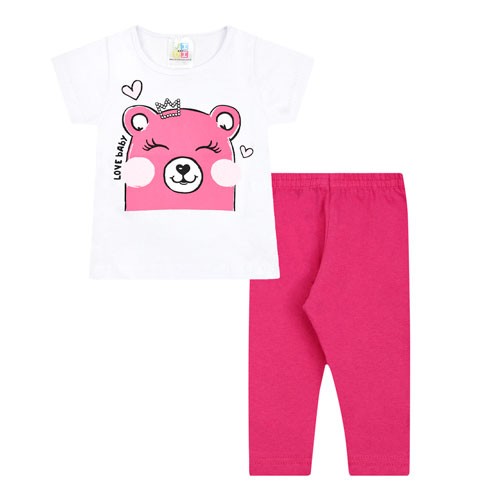Conjunto Bebê Feminino Camiseta Branca Ursinho e Legging Pink (P/M/G) - Jidi Kids - Tamanho G - Branco,Pink