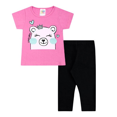 Conjunto Bebê Feminino Camiseta Rosa Ursinho e Legging Preta (P/M/G) - Jidi Kids - Tamanho G - Rosa,Preto