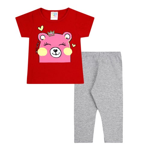 Conjunto Bebê Feminino Camiseta Vermelha Ursinho e Legging Mescla (P/M/G) - Jidi Kids - Tamanho P - Vermelho,Mescla