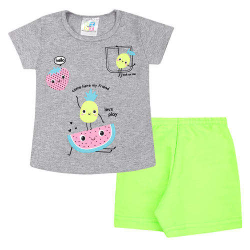 Conjunto Bebê Feminino Camiseta Mescla Frutinhas e Short Verde Neon (P/M/G) - Jidi Kids - Tamanho G - Mescla,Verde