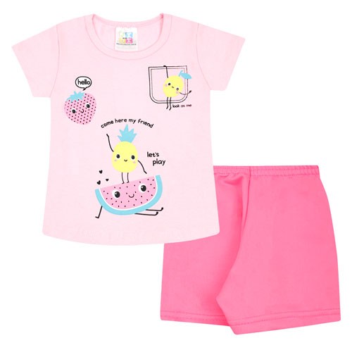 Conjunto Bebê Feminino Camiseta Rosa Frutinhas e Short Rosa Neon (P/M/G) - Jidi Kids - Tamanho G - Rosa