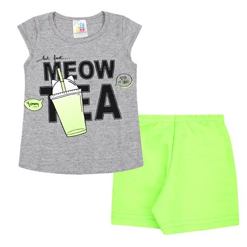 Conjunto Bebê Feminino Camiseta Cotton Mescla Milk Shake e Short Verde Neon (1/2/3) - Jidi Kids - Tamanho 3 - Mescla,Verde