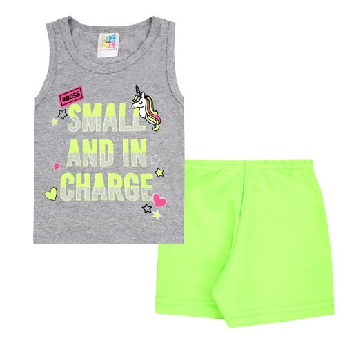 Conjunto Bebê Feminino Camiseta Regata Cotton Mescla e Short Verde Neon (1/2/3) - Jidi Kids - Tamanho 3 - Mescla,Verde