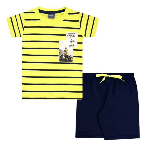 Conjunto Infantil Masculino Camiseta Verde Neon Listrada Bermuda Azul Marinho (4/6/8) - Viston - Tamanho 8 - Verde,Azul Marinho