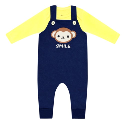 Conjunto Jardineira Longa Bebê Azul Marinho Macaco e Body Amarelo (P/M/G/GG) - Orango Kids - Tamanho GG - Azul Marinho,Amarelo