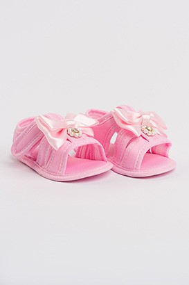Sandália Bebê Feminina Rosa Claro Laço Cetim Flor de Pérolas (P/M/G) - Bebê Fofuxo