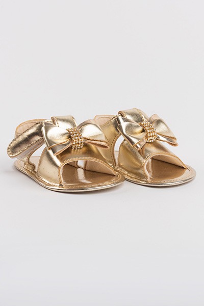 Sandália Bebê Feminina Dourado Metalizado Laço Strass (P/M/G) - Bebê Fofuxo - Tamanho G - Dourado