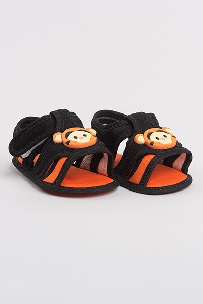 Sandália Bebê Masculina Preto e Laranja Tigrinho (P/M/G) - Bebê Fofuxo - Tamanho G - Preto,Laranja