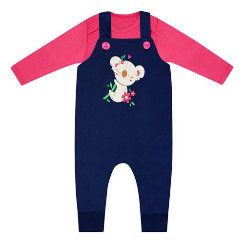 Conjunto Jardineira Longa Bebê Feminina Azul Marinho Coala Body Pink (P/M/G/GG) - Orango Kids - Tamanho P - Azul Marinho,Pink