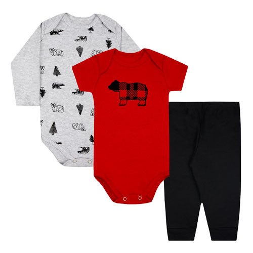 Kit Bebê Masculino 3 Peças Bodies com Mijão Preto e Vermelho Urso Pardo (P/M/G/GG) - Orango Kids - Tamanho GG - Preto,Vermelho,Mescla