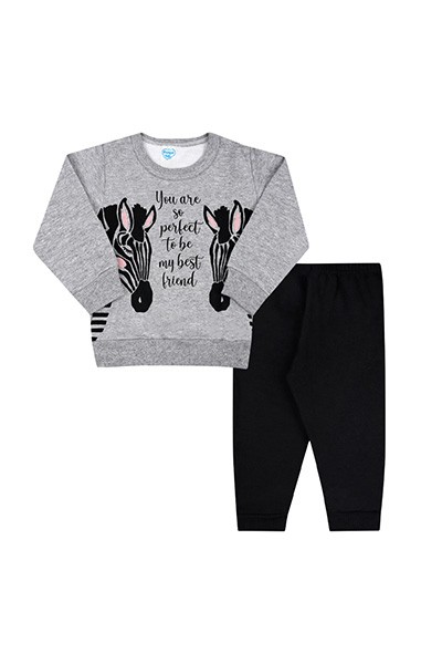 Conjunto Bebê Feminino Moletom Blusa Mescla Zebra e Calça Preta (P/M/G) - Orango Kids - Tamanho G - Mescla,Preto