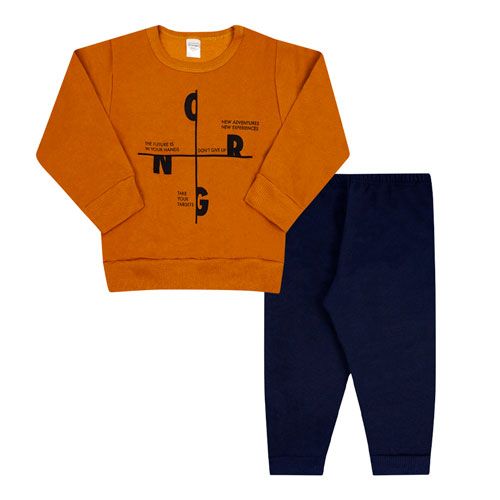 Conjunto Infantil Masculino Moletom Blusa Caramelo Adventure Calça Marinho (4/6/8/10) - Orango Kids - Tamanho 10 - Caramelo,Azul Marinho
