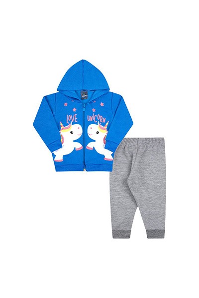Conjunto Bebê Feminino Moletom Jaqueta com Capuz Azul Royal Unicórnio Calça Mescla (P/M/G) - Viston - Tamanho P - Azul Royal,Mescla