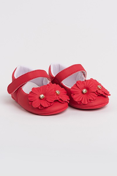 Sapatilha Bebê Feminino com Velcro Vermelho Florzinhas (P/M/G) - Bebê Fofuxo - Tamanho P - Vermelho