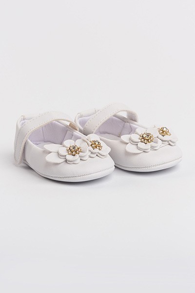Sapatilha Bebê Feminino com Velcro Branco Florzinhas (P/M/G) - Bebê Fofuxo - Tamanho M - Branco