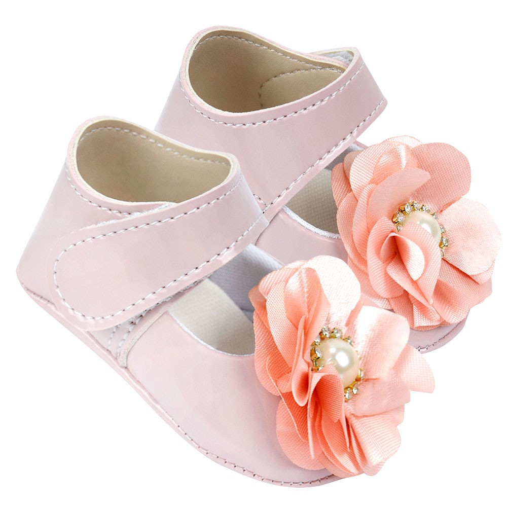 Sapatilha Bebê Feminino Verniz com Velcro Nude Flor de Cetim (P/M/G) - Bebê Fofuxo