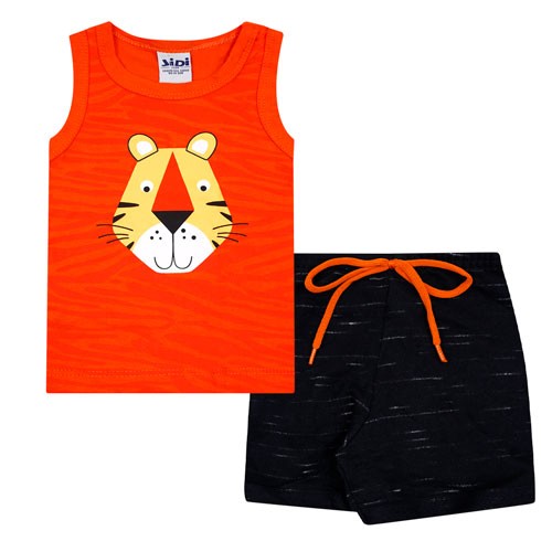 Conjunto Bebê Masculino Camiseta Regata Laranja Shorts Preto Tigrinho (P/M/G) - Jidi Kids - Tamanho M - Laranja,Preto