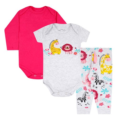 Kit Bebê 3 Peças Feminino Bodies Pink e Mijão Mescla Safari (P/M/G/GG) - Orango Kids - Tamanho G - Mescla,Pink