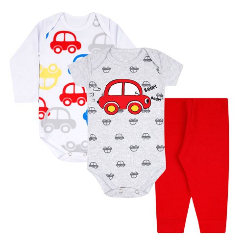 Kit Bebê 3 Peças Masculino Bodies Mescla e Mijão Vermelho Carrinhos (P/M/G/GG) - Orango Kids - Tamanho G - Mescla,Branco,Vermelho