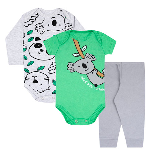 Kit Bebê 3 Peças Masculino Bodies Verde e Mijão Cinza Coala (P/M/G/GG) - Orango Kids - Tamanho P - Mescla,Verde,Cinza