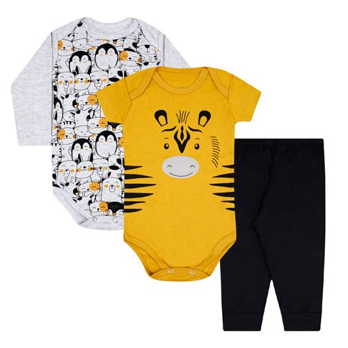 Kit Bebê 3 Peças Suedine Bodies Mostarda e Mijão Preto Zebrinha (P/M/G/GG) - Orango Kids - Tamanho P - Mescla,Mostarda,Preto