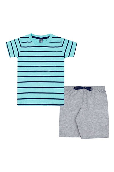 Conjunto Bebê Masculino Camiseta Verde Água Listras Bermuda Moletinho Mescla (4/6/8) - Viston - Tamanho 4 - Verde Água,Mescla
