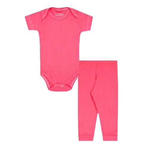 Conjunto Bebê Feminino Canelado Body Manga Curta e Mijão Rosa Chiclete (RN/P/M/G/GG) - Dapeen - Tamanho M - Rosa
