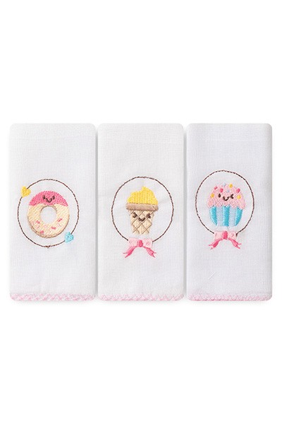 Kit Toalha de Boca Bebê Feminino Rosa Guloseimas (3 Unidades) - Papi - Tamanho Único - Rosa,Branco