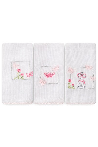 Kit Toalha de Boca Bebê Feminino Branco e Rosa Gatinha (3 Unidades) - Papi - Tamanho Único - Rosa,Branco
