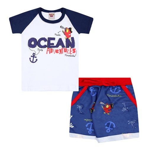 Conjunto Bebê Masculino Meia Malha Camiseta Branca Bermuda Marinho Pirata (1/2/3) - Pimentinha Kids - Tamanho 2 - Azul Marinho,Branco