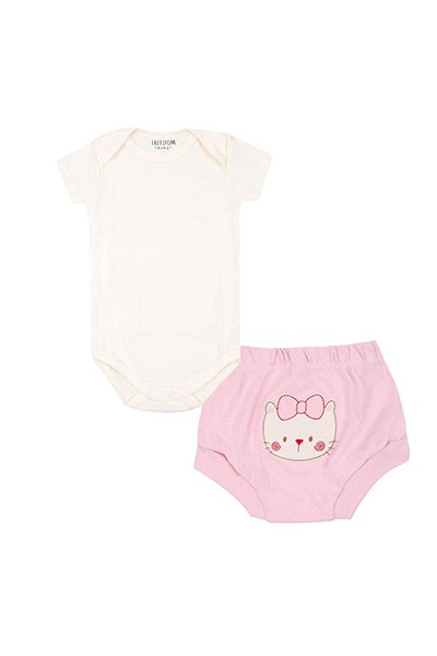 Conjunto Bebê Feminino Body Manga Curta Creme e Tapa Fralda Rosa Gatinha (P/M/G/GG) - Freedom Baby - Tamanho P - Creme,Rosa