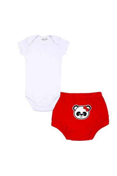 Conjunto Bebê Feminino Body Curto Branco e Tapa Fralda Vermelho Pandinha (P/M/G/GG) - Freedom Baby - Tamanho P - Vermelho,Branco