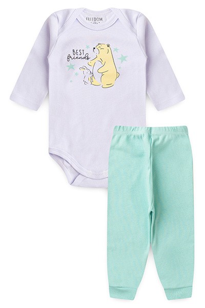 Conjunto Bebê Body Manga Longa Branco e Mijão Verde Ursinho (RN/P/M/G/GG) - Freedom Baby - Tamanho RN - Branco,Verde