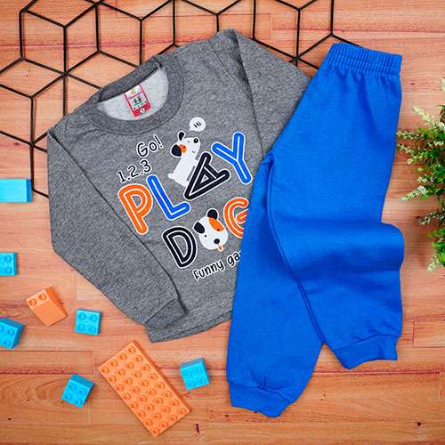 Conjunto Bebê Masculino Moletom Blusa Cinza Cachorrinho e Calça Azul (1/2/3) - Cleomara - Tamanho 1 - Cinza,Azul Royal