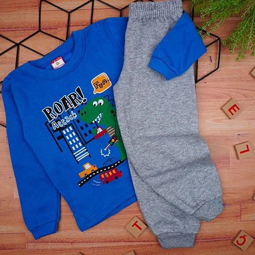 Conjunto Bebê Masculino Moletom Blusa Azul Royal Dino e Calça Mescla (1/2/3) - Cleomara - Tamanho 2 - Azul Royal,Mescla