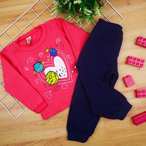 Conjunto Bebê Feminino Moletom Blusa Pink Planetas e Calça Marinho (1/2/3) - Cleomara - Tamanho 1 - Pink,Azul Marinho