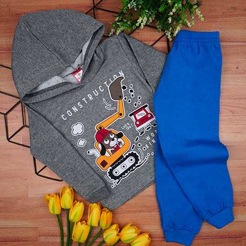 Conjunto Bebê Masculino Moletom Blusa com Capuz Cinza Construção e Calça Royal (1/2/3) - Cleomara - Tamanho 1 - Azul Royal,Cinza