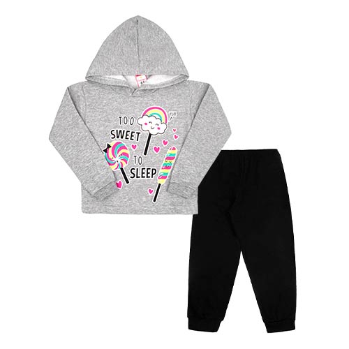 Conjunto Bebê Feminino Moletom Blusa com Capuz Mescla Docinhos e Calça Preta (1/2/3) - Cleomara - Tamanho 2 - Mescla,Preto