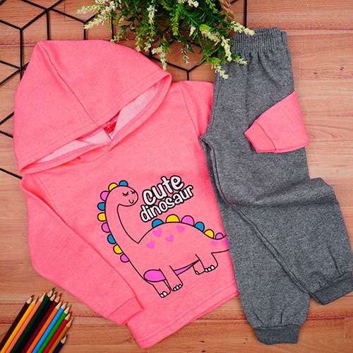 Conjunto Bebê Feminino Moletom Blusa Rosa Neon Dinossaurinha e Calça Mesca (1/2/3) - Cleomara - Tamanho 1 - Rosa,Mescla