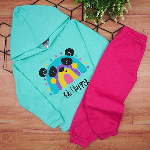 Conjunto Bebê Feminino Moletom Blusa com Capuz Verde Água Ursinha e Calça Pink (1/2/3) - Cleomara - Tamanho 2 - Verde Água,Pink