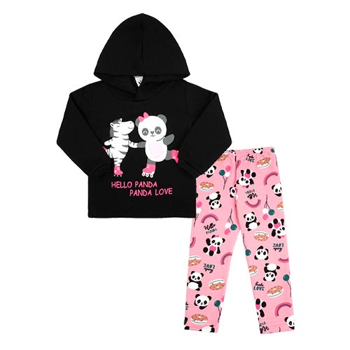 Conjunto Bebê Feminino Moletom Blusa com Capuz Preta Pandinha e Calça Rosa (P/M/G) - Jidi Kids - Tamanho M - Preto,Rosa