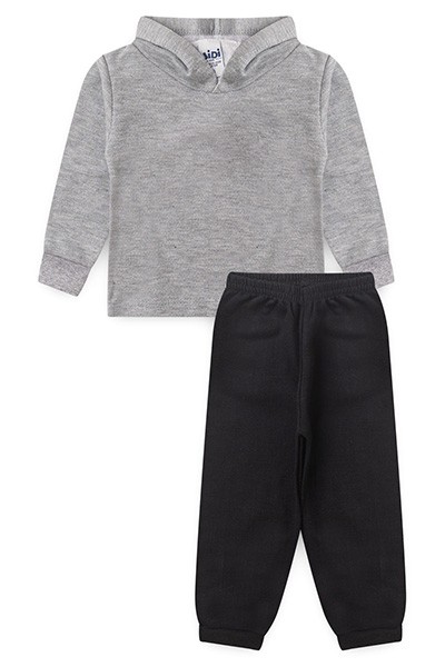 Conjunto Bebê Moletom Blusa com Capuz Mescla e Calça Preta (P/M/G/1/2/3) - Jidi Kids - Tamanho M - Mescla,Preto