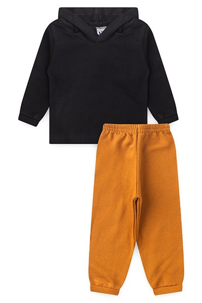 Conjunto Bebê Moletom Blusa com Capuz Preto e Calça Mostarda (P/M/G/1/2/3) - Jidi Kids - Tamanho M - Preto,Mostarda